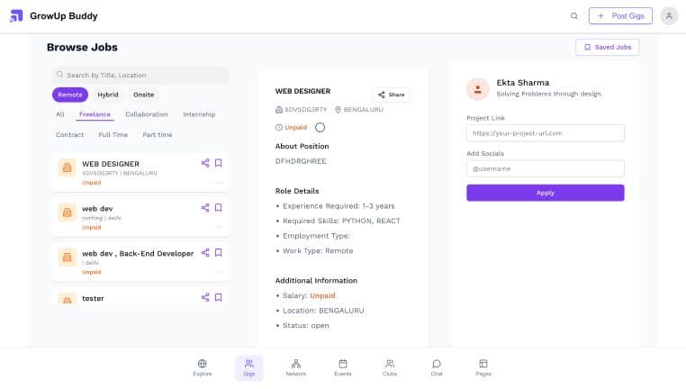GrowUp Buddy Browse Jobs dashboard